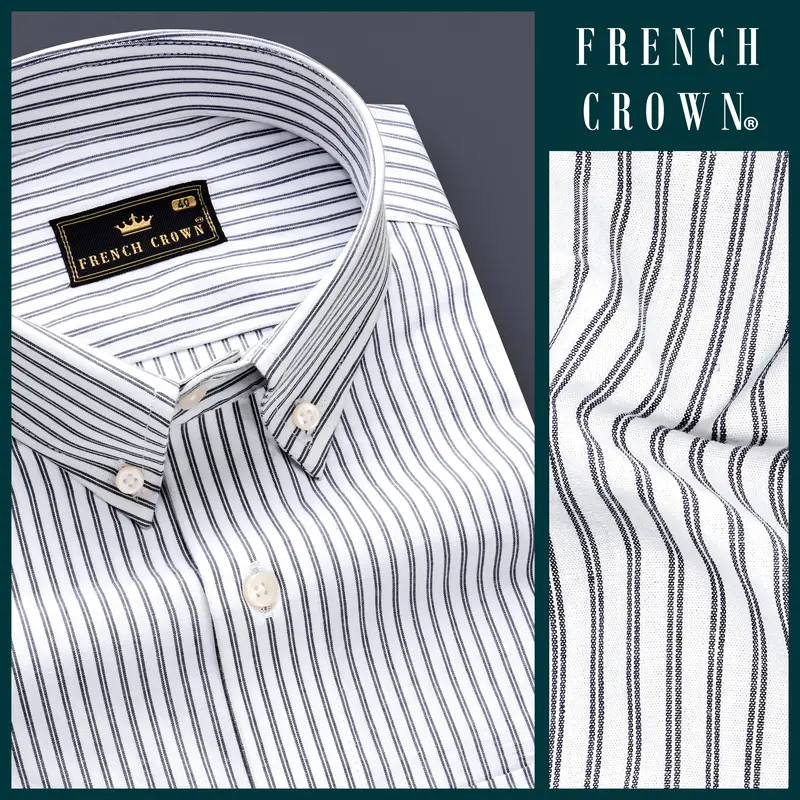Moonlit-Bright White And Jade Black Striped Dobby Textured Premium Giza Cotton Dress Shirt 8