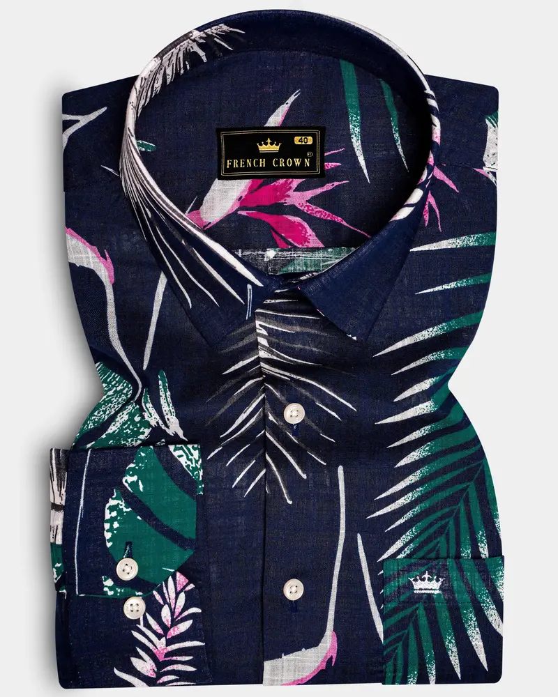 Moonlit Forest-Space Blue With Petrol Green Leaves Printed Lightweight Premium Cotton Casual Shirt 1