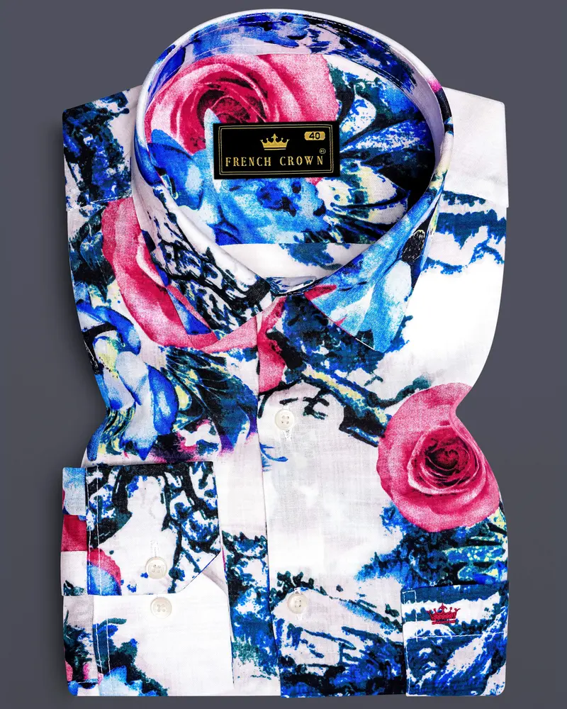 Moonlit Rose-Bright White With Moonstone Blue Rose Printed Lightweight Premium Cotton Multicolor Casual Shirt 1