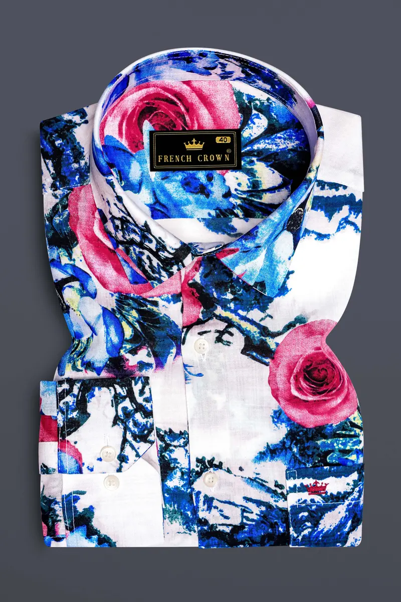 Moonlit Rose-Bright White With Moonstone Blue Rose Printed Lightweight Premium Cotton Multicolor Casual Shirt 2