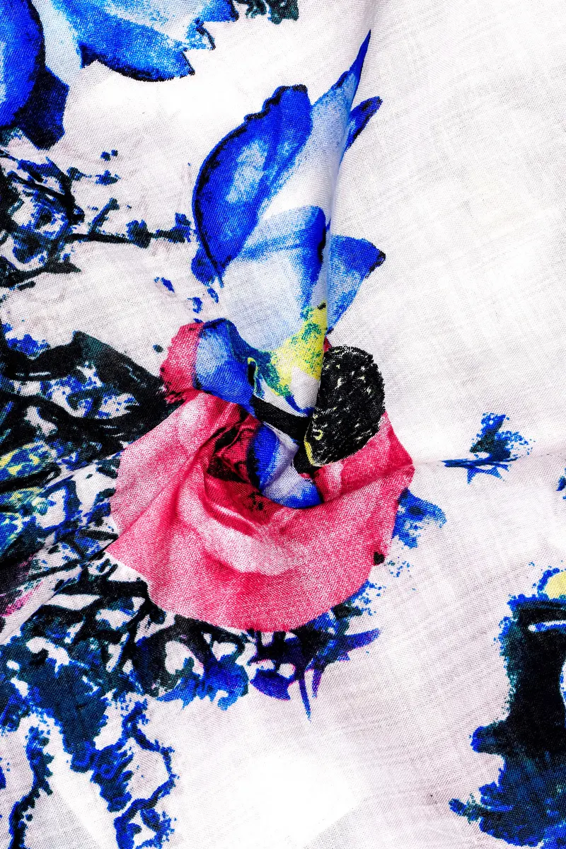 Moonlit Rose-Bright White With Moonstone Blue Rose Printed Lightweight Premium Cotton Multicolor Casual Shirt 3