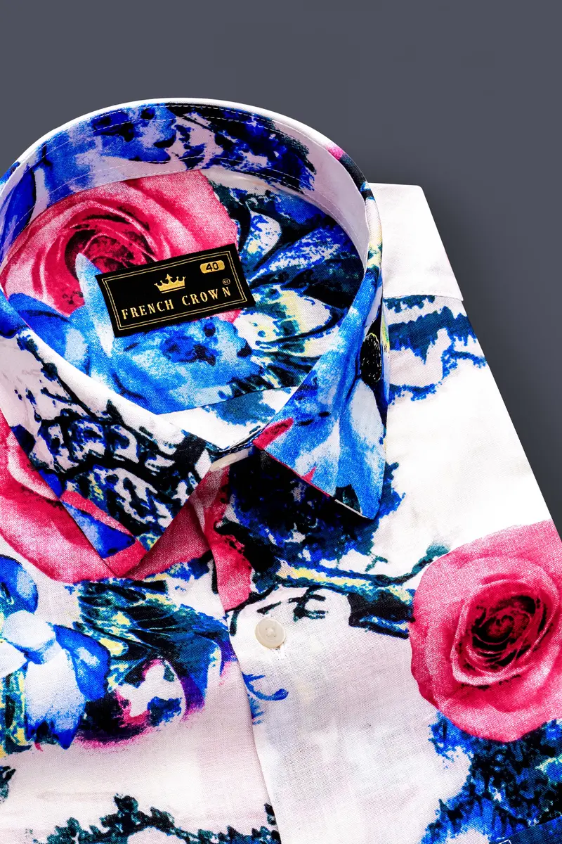 Moonlit Rose-Bright White With Moonstone Blue Rose Printed Lightweight Premium Cotton Multicolor Casual Shirt 4