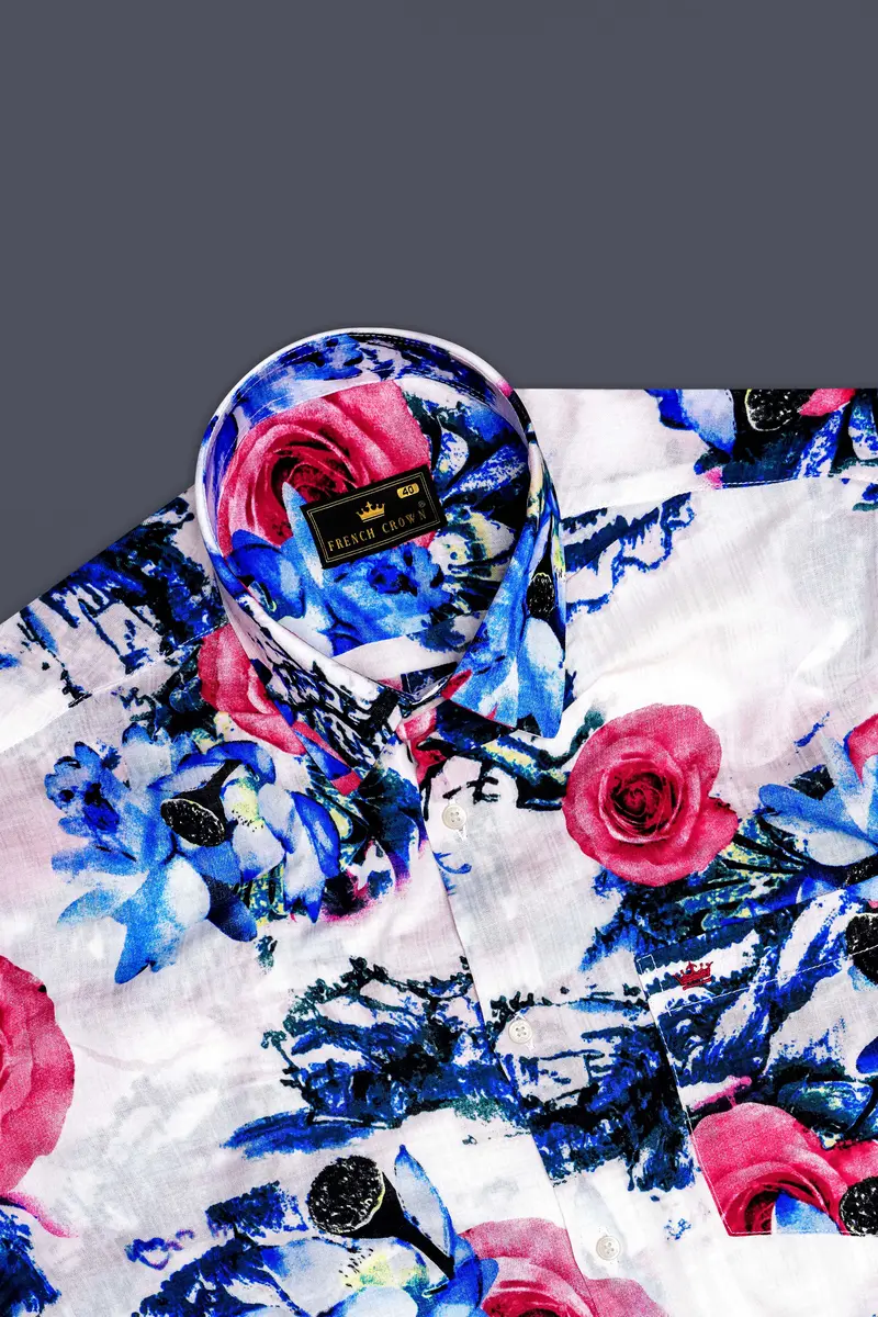 Moonlit Rose-Bright White With Moonstone Blue Rose Printed Lightweight Premium Cotton Multicolor Casual Shirt 5
