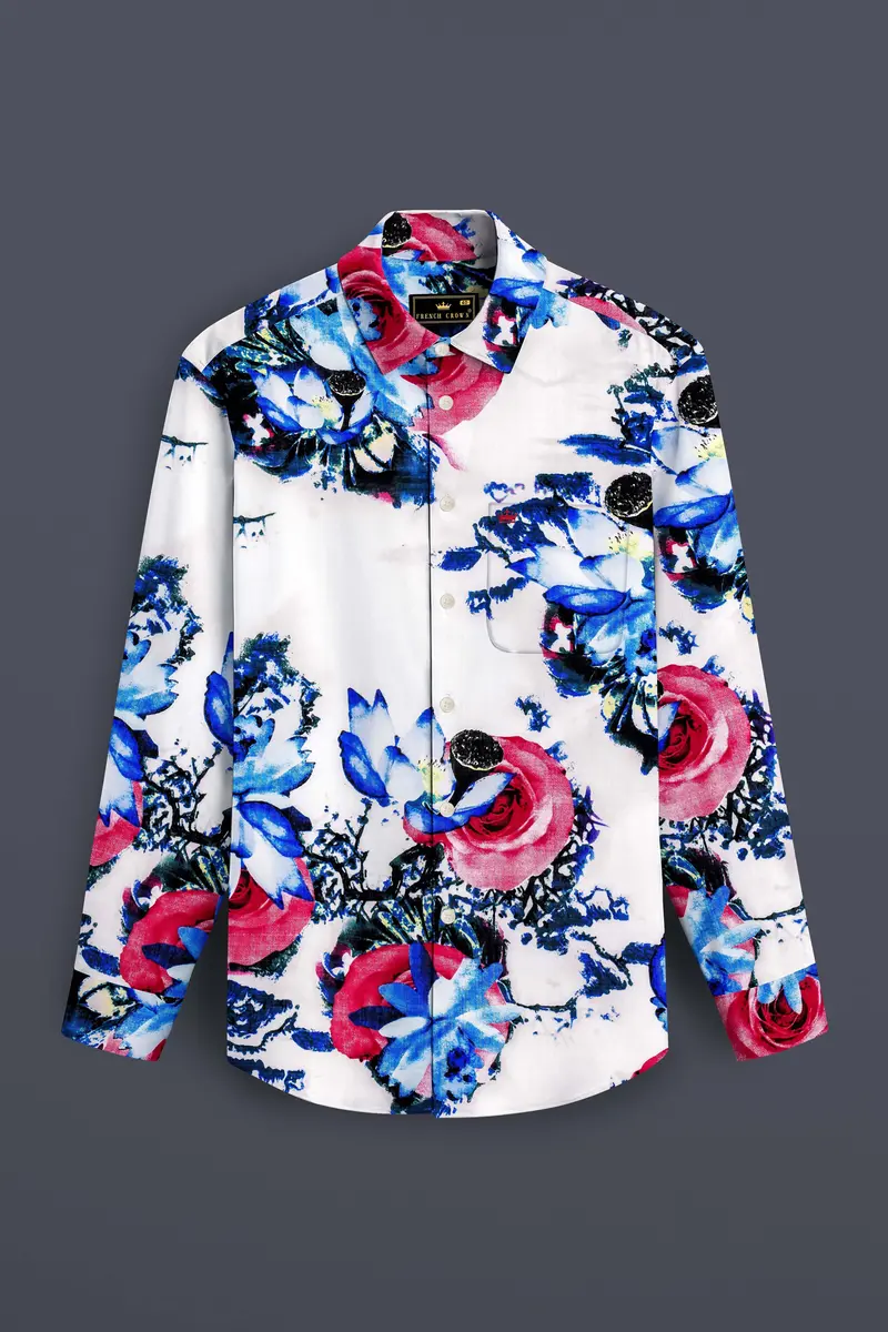 Moonlit Rose-Bright White With Moonstone Blue Rose Printed Lightweight Premium Cotton Multicolor Casual Shirt 6