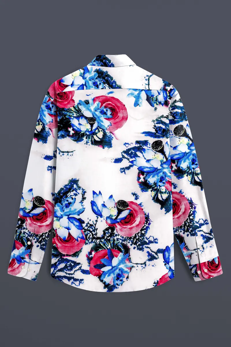 Moonlit Rose-Bright White With Moonstone Blue Rose Printed Lightweight Premium Cotton Multicolor Casual Shirt 7