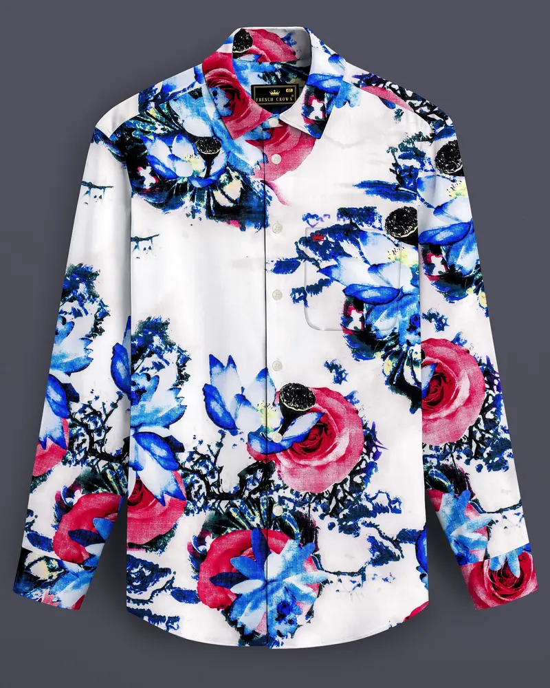 Moonlit Rose-Bright White With Moonstone Blue Rose Printed Lightweight Premium Cotton Multicolor Casual Shirt 8
