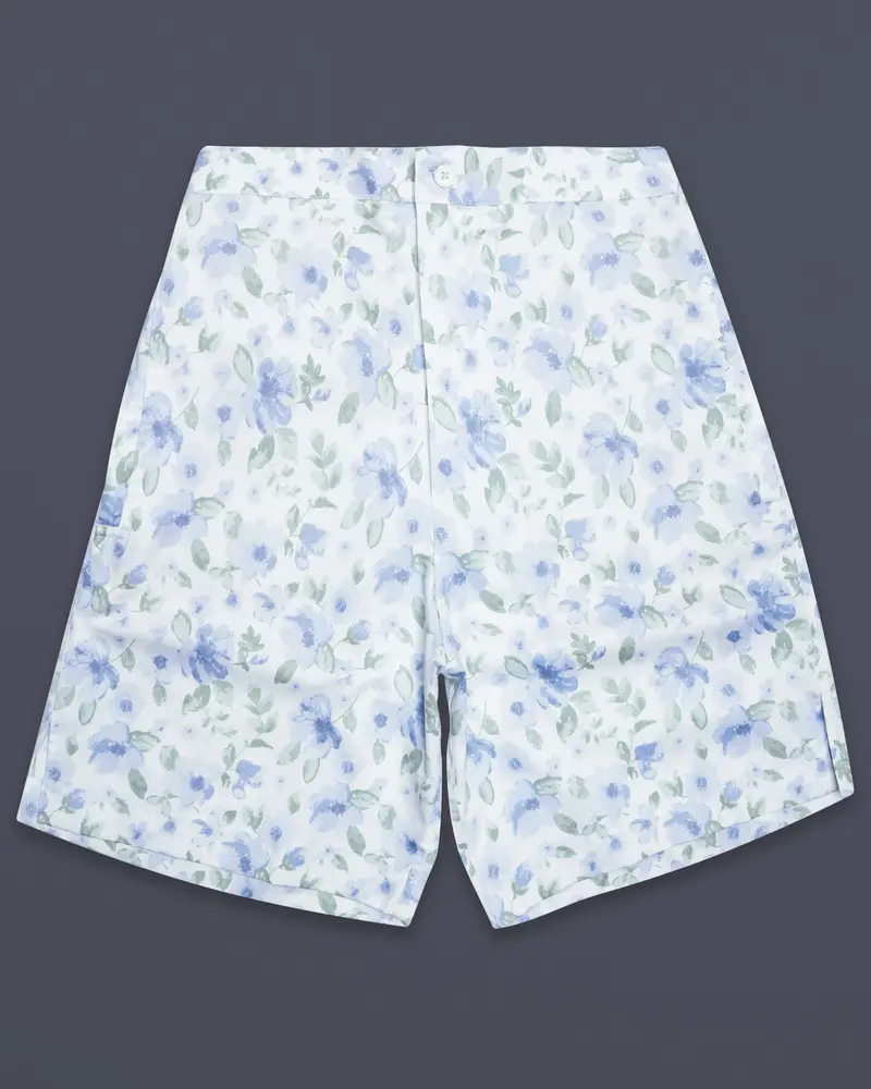 Moonstone Blue And Edward Green Floral Printed Subtle Sheen Super Soft Premium Cotton Shorts 1