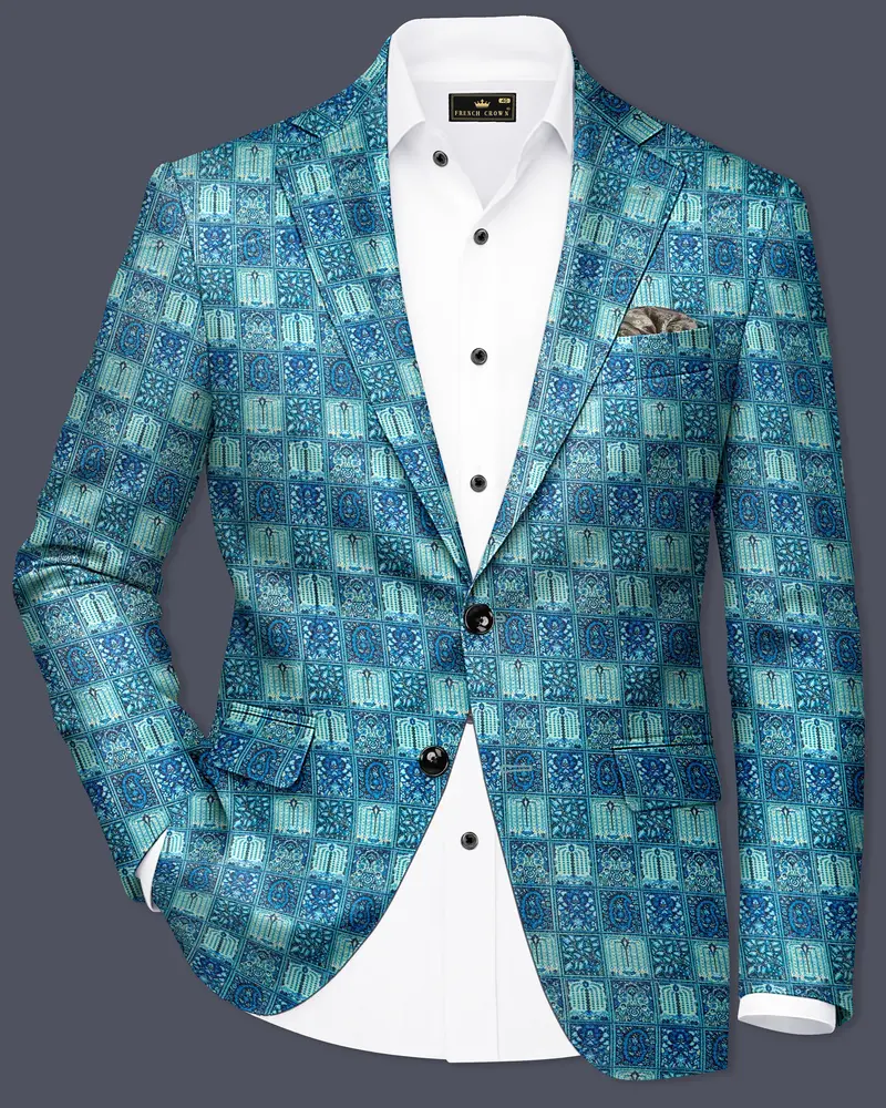Mosaivoro-Caribbean Blue Geometric Mosaic Printed Velvet Single Breasted Blazer 1
