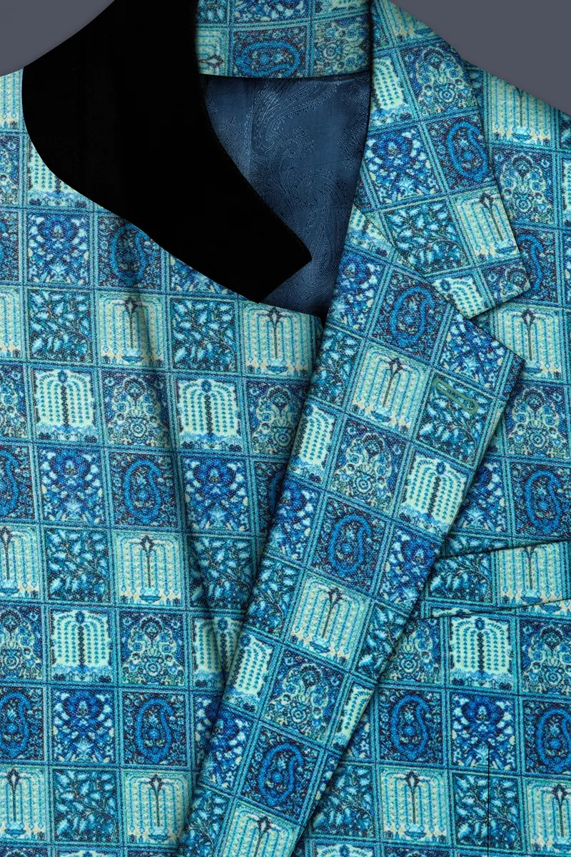 Mosaivoro-Caribbean Blue Geometric Mosaic Printed Velvet Single Breasted Blazer 4