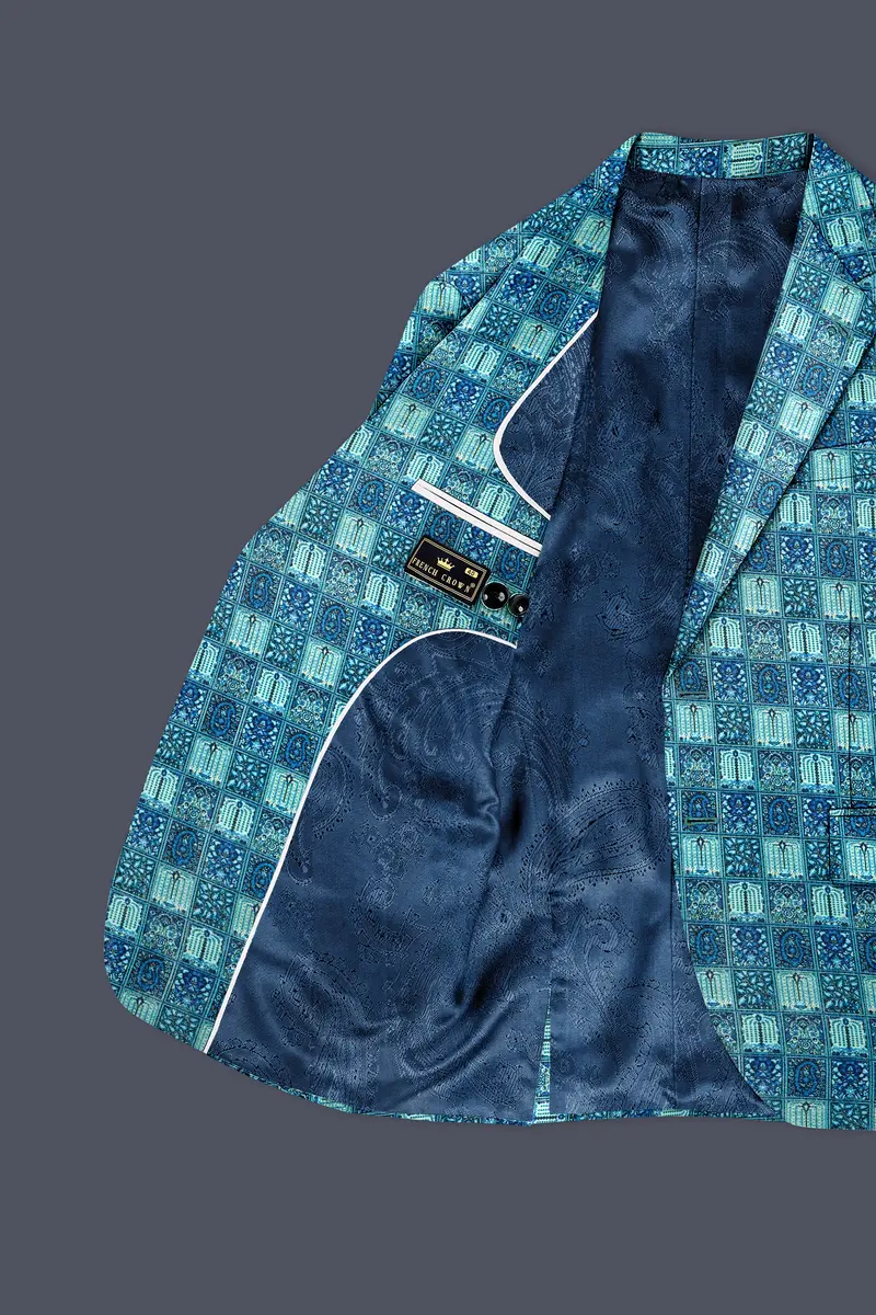 Mosaivoro-Caribbean Blue Geometric Mosaic Printed Velvet Single Breasted Blazer 5