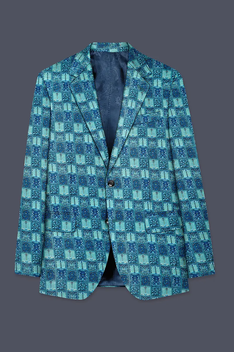 Mosaivoro-Caribbean Blue Geometric Mosaic Printed Velvet Single Breasted Blazer 7