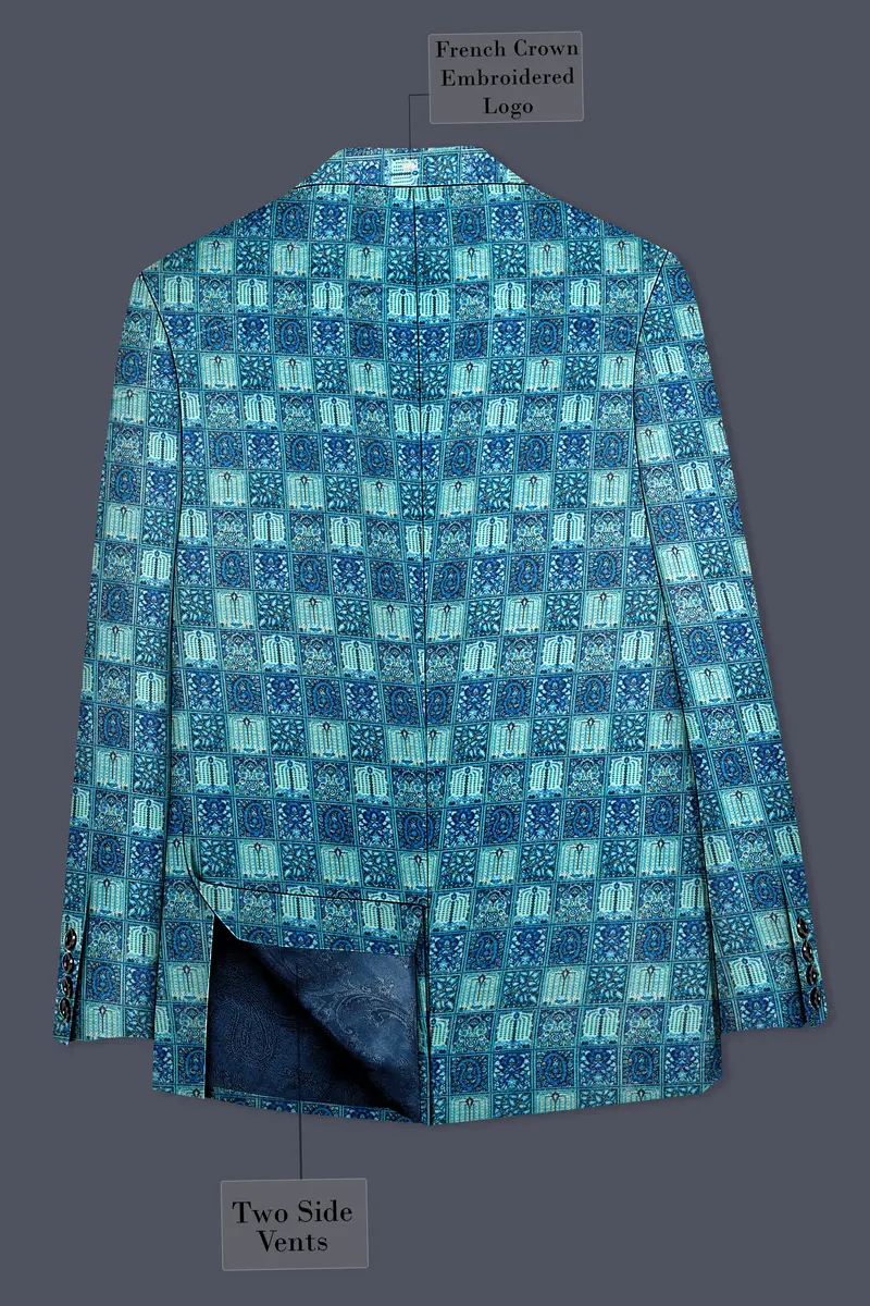 Mosaivoro-Caribbean Blue Geometric Mosaic Printed Velvet Single Breasted Blazer 8