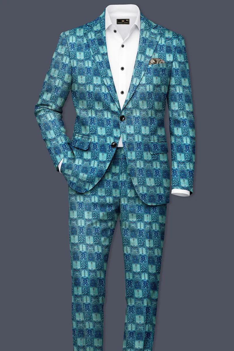 Mosaivoro-Caribbean Blue Geometric Mosaic Printed Velvet Single Breasted Blazer 9