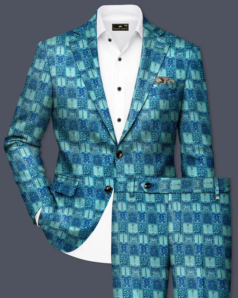 Mosaivoro-Caribbean Blue Geometric Mosaic Printed Velvet Single Breasted Suit 1