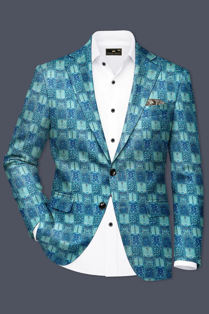 Mosaivoro-Caribbean Blue Geometric Mosaic Printed Velvet Single Breasted Suit 10