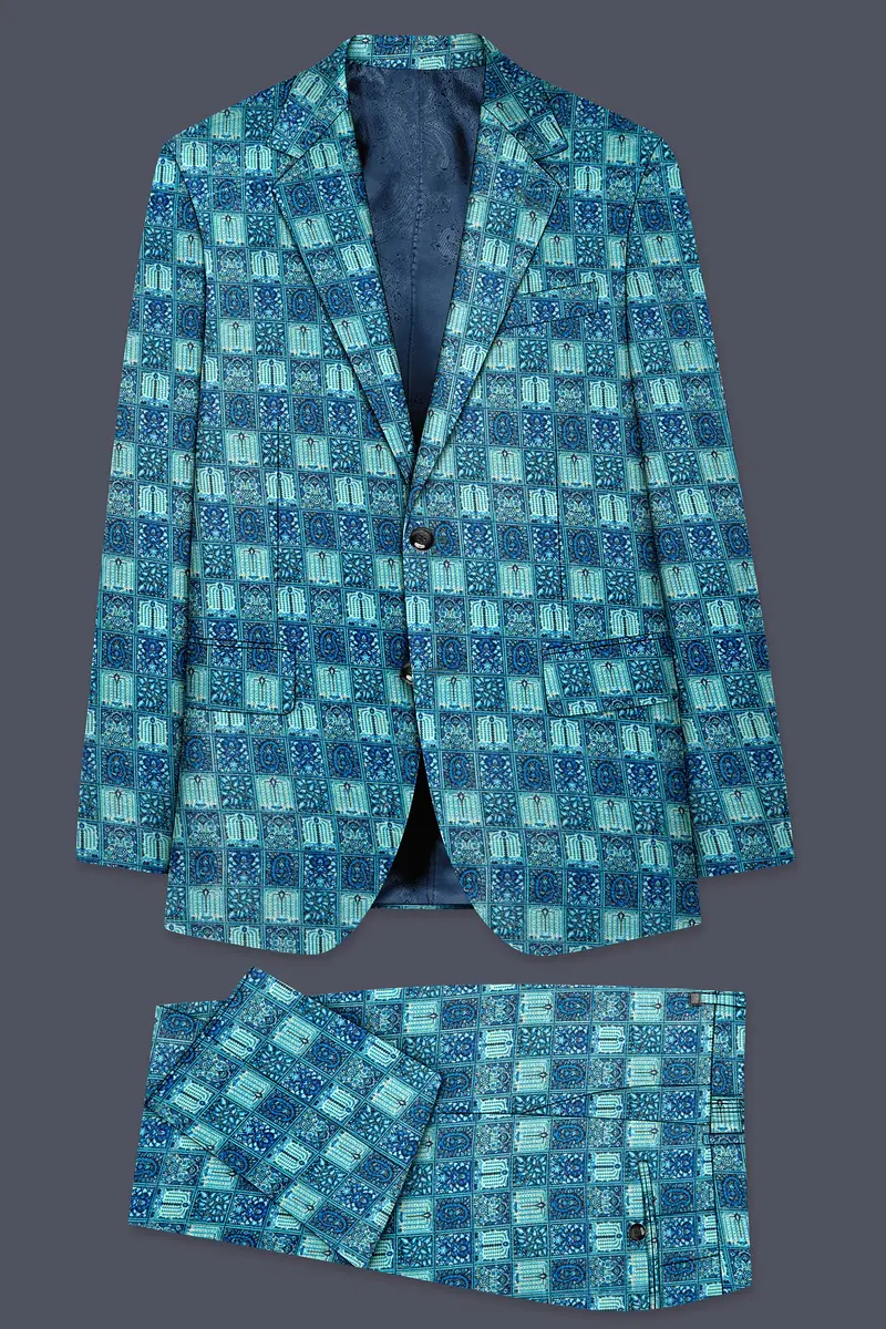 Mosaivoro-Caribbean Blue Geometric Mosaic Printed Velvet Single Breasted Suit 11