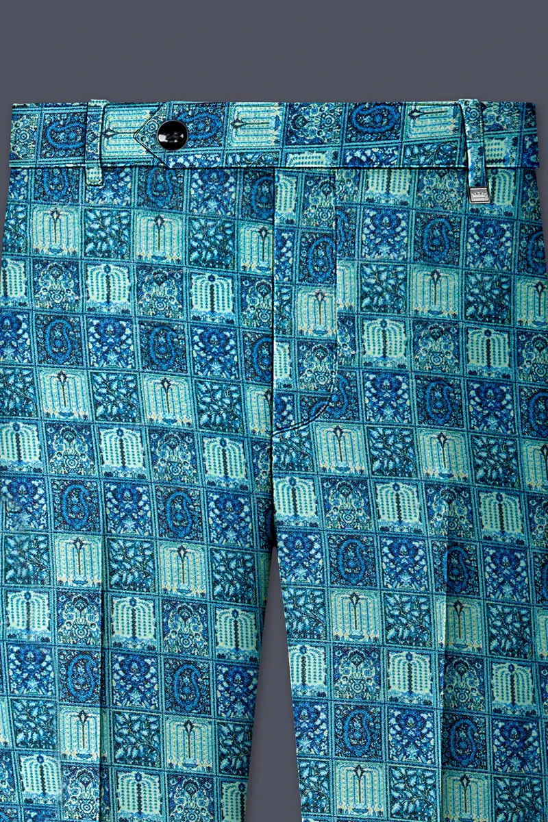 Mosaivoro-Caribbean Blue Geometric Mosaic Printed Velvet Single Breasted Suit 12