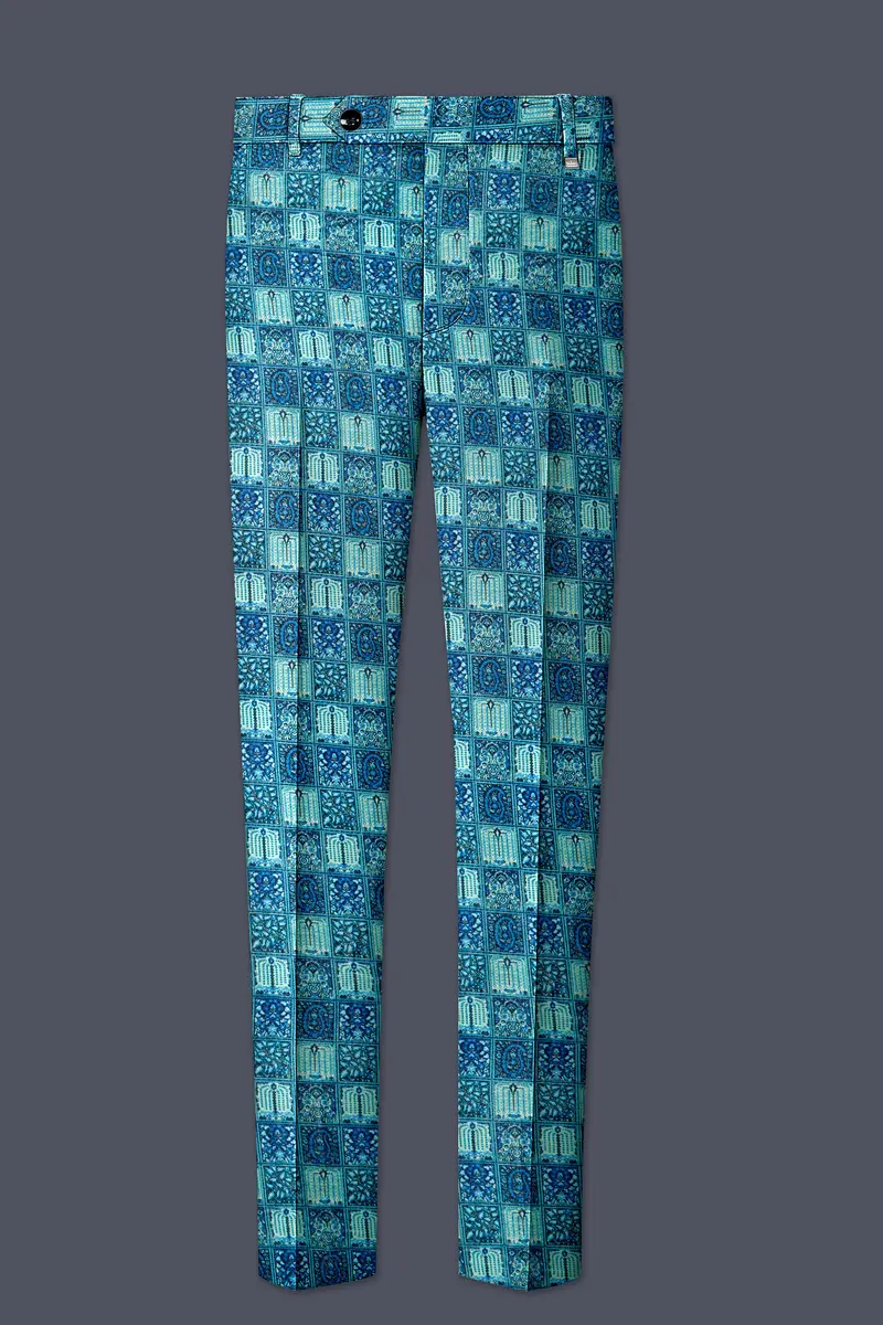 Mosaivoro-Caribbean Blue Geometric Mosaic Printed Velvet Single Breasted Suit 13