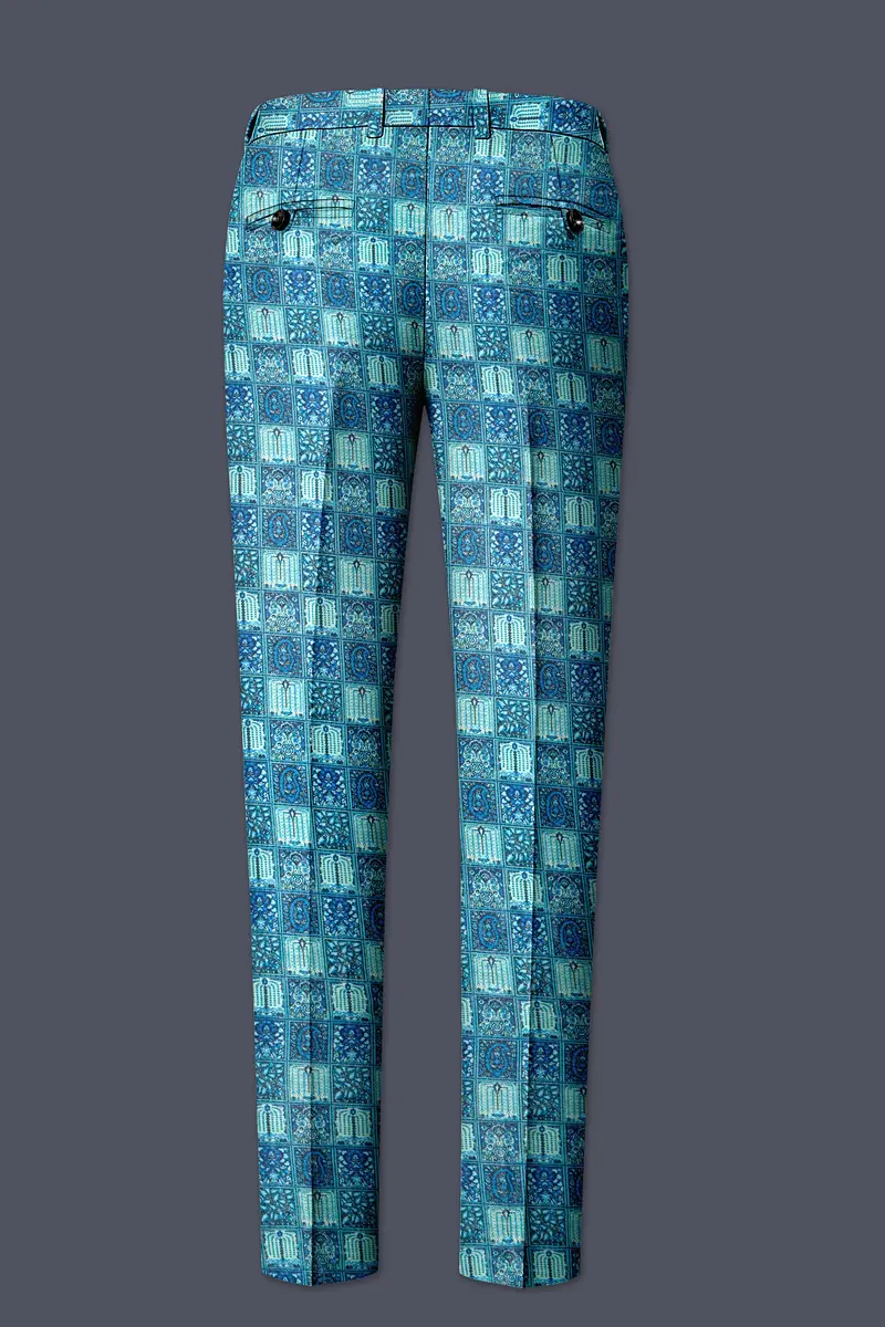 Mosaivoro-Caribbean Blue Geometric Mosaic Printed Velvet Single Breasted Suit 14