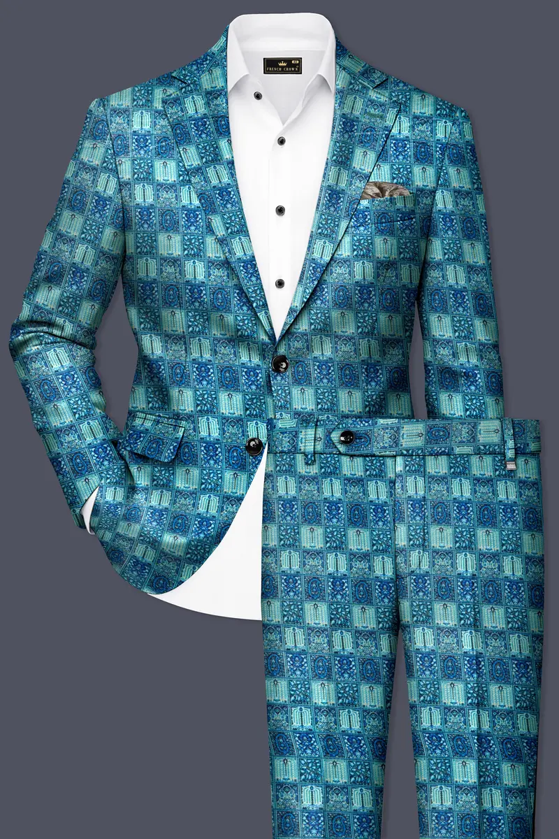 Mosaivoro-Caribbean Blue Geometric Mosaic Printed Velvet Single Breasted Suit 2