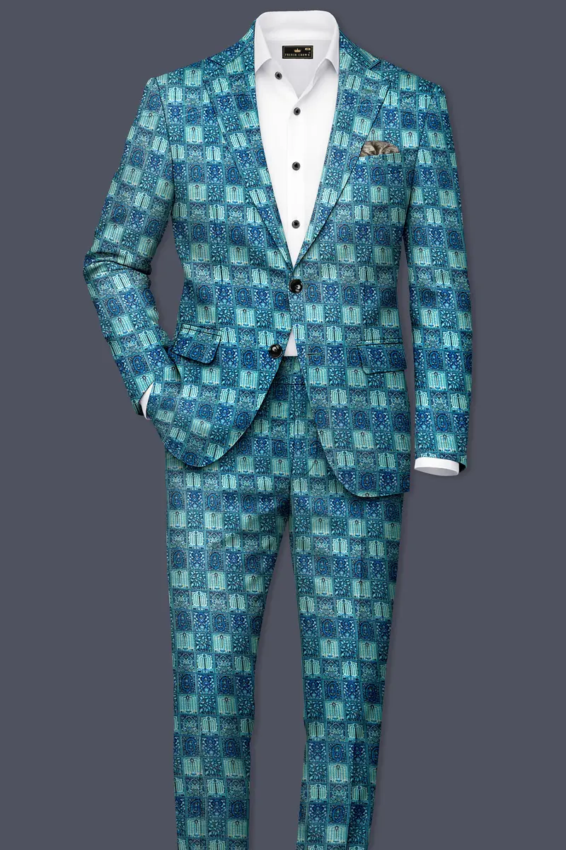 Mosaivoro-Caribbean Blue Geometric Mosaic Printed Velvet Single Breasted Suit 4