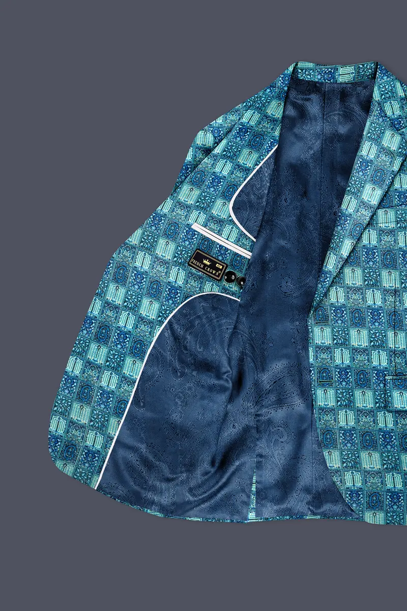 Mosaivoro-Caribbean Blue Geometric Mosaic Printed Velvet Single Breasted Suit 6
