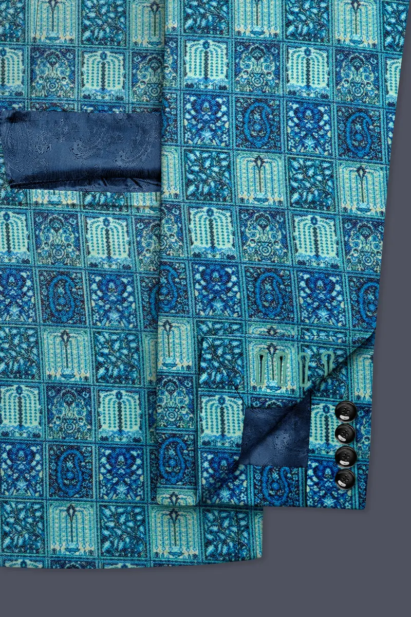Mosaivoro-Caribbean Blue Geometric Mosaic Printed Velvet Single Breasted Suit 7