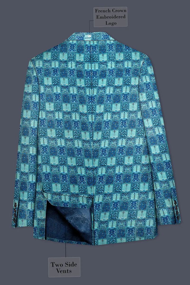Mosaivoro-Caribbean Blue Geometric Mosaic Printed Velvet Single Breasted Suit 9