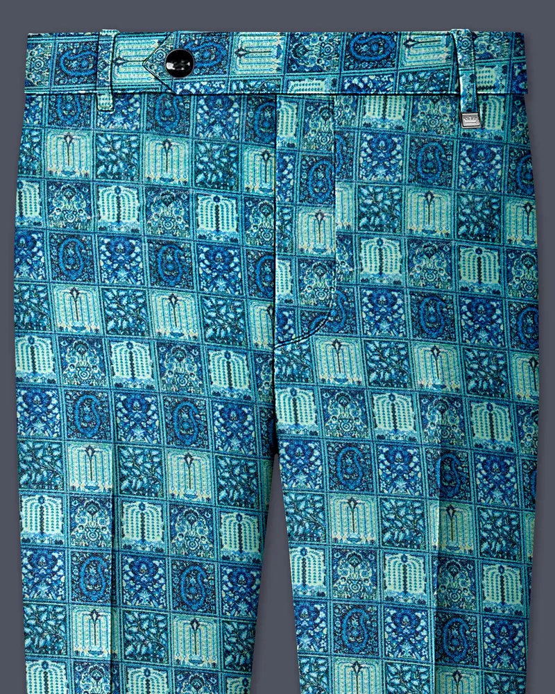 Mosaivoro-Caribbean Blue Geometric Mosaic Printed Velvet Stretchable Waistband Pant 1