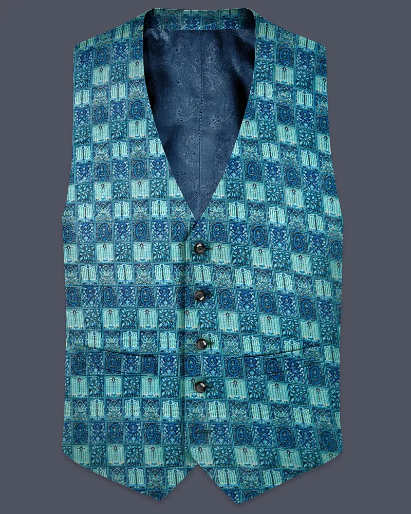 Mosaivoro-Caribbean Blue Geometric Mosaic Printed Velvet Waistcoat 1