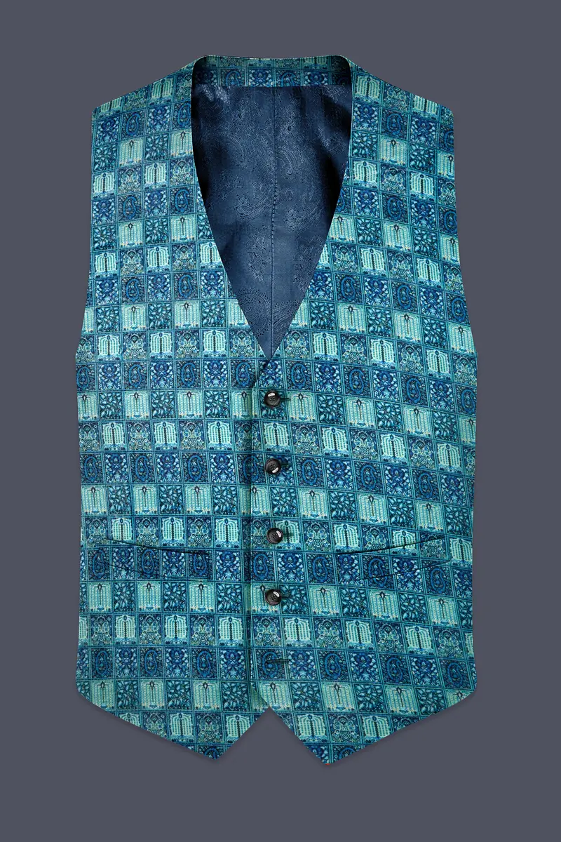 Mosaivoro-Caribbean Blue Geometric Mosaic Printed Velvet Waistcoat 2