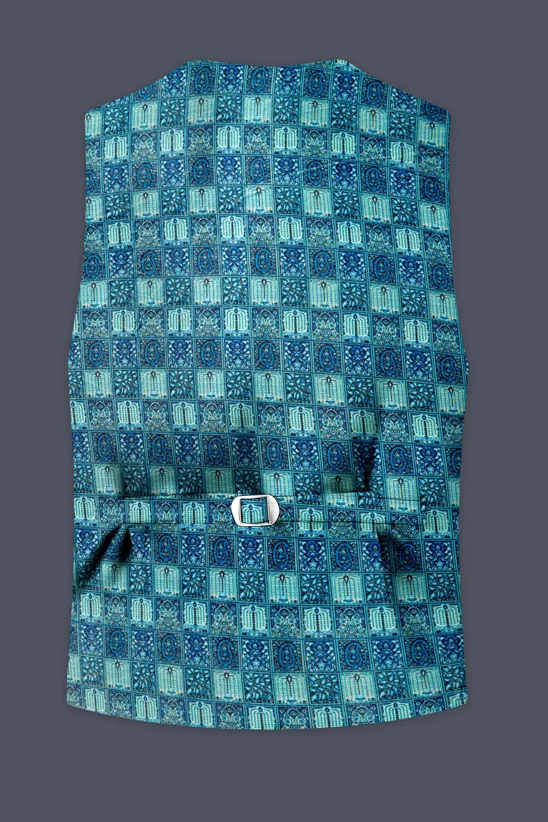Mosaivoro-Caribbean Blue Geometric Mosaic Printed Velvet Waistcoat 4