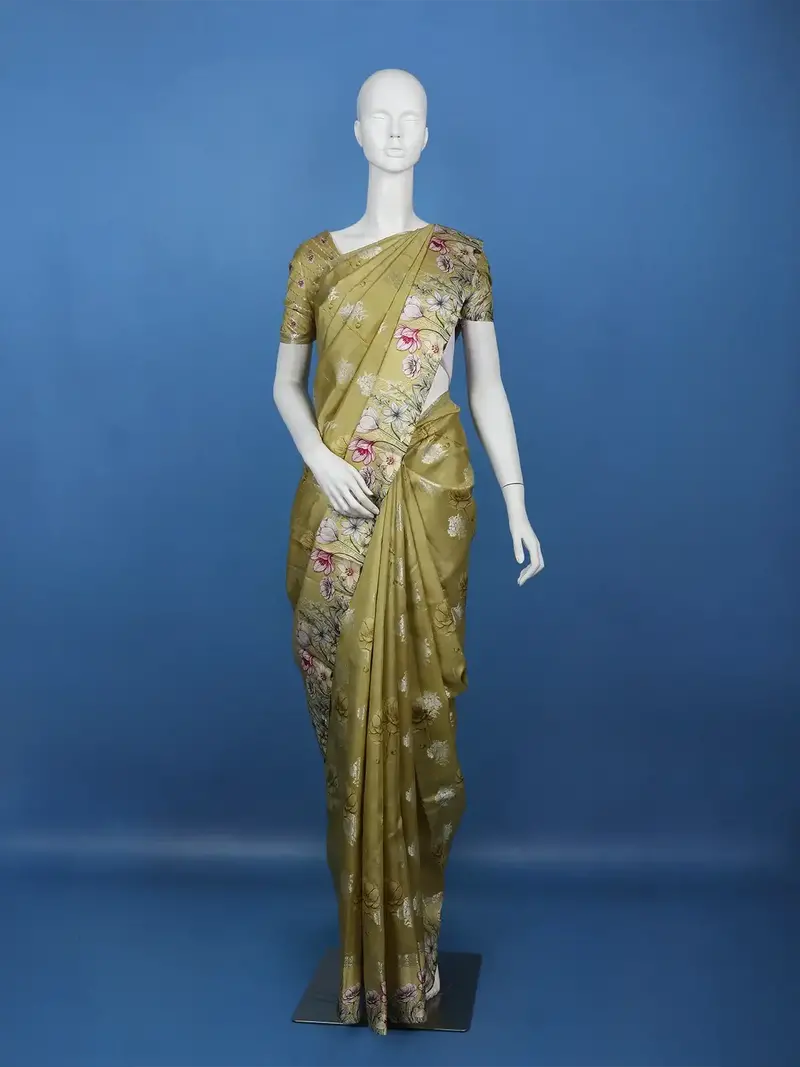 Moss Green Floral Design Tussar Silk Saree 1