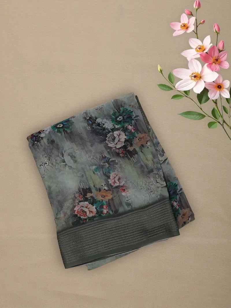 Moss Olive Green Floral Printed Design Chiffon Saree 1