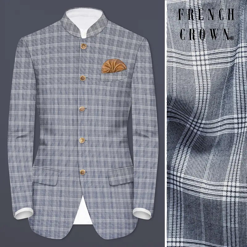 Mountain Mist Blue Plaid Wool Rich Bandhgala Blazer 1