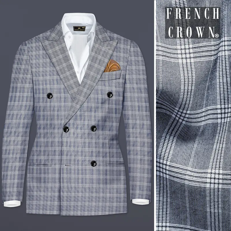 Mountain Mist Blue Plaid Wool Rich Double Breasted Blazer 1