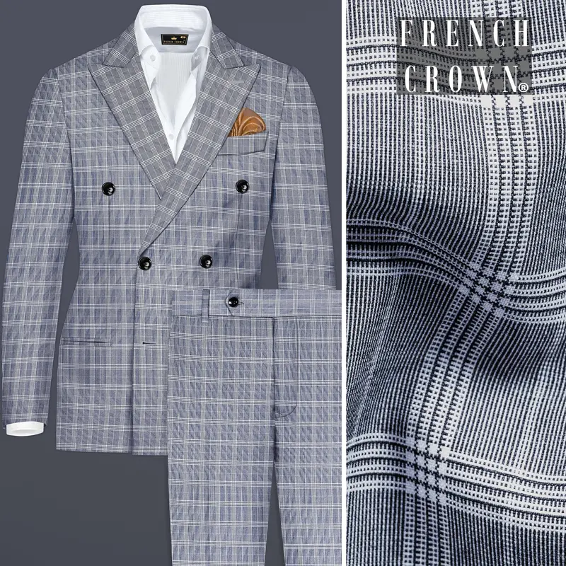 Mountain Mist Blue Plaid Wool Rich Double Breasted Suit 1