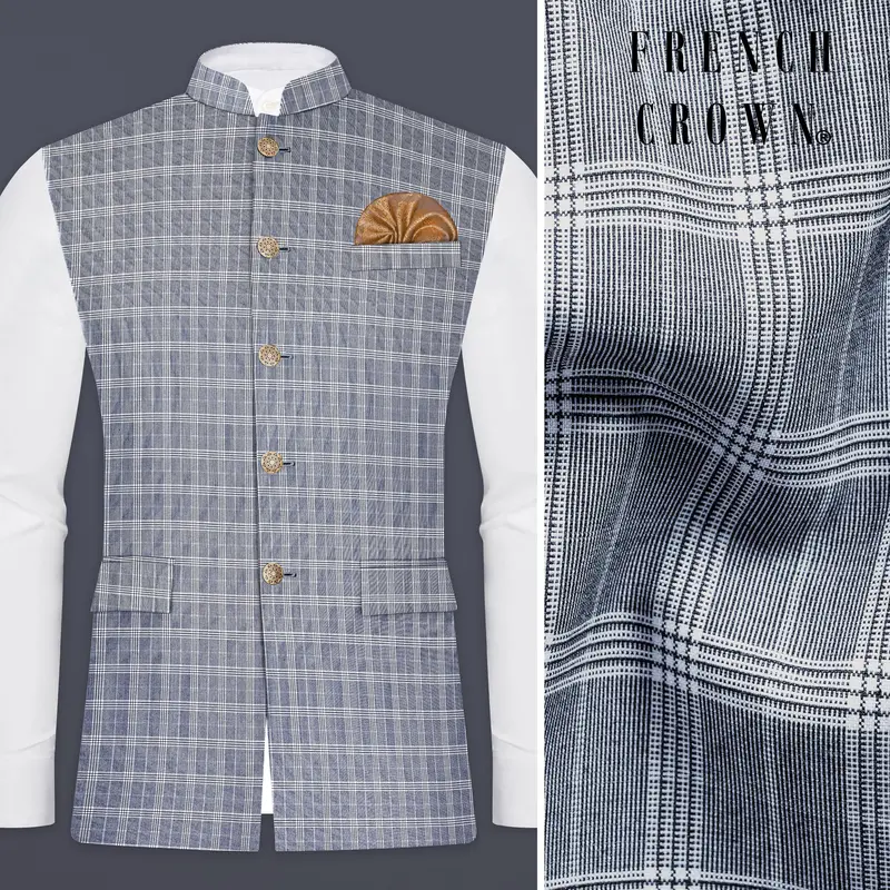 Mountain Mist Blue Plaid Wool Rich Nehru Jacket 1