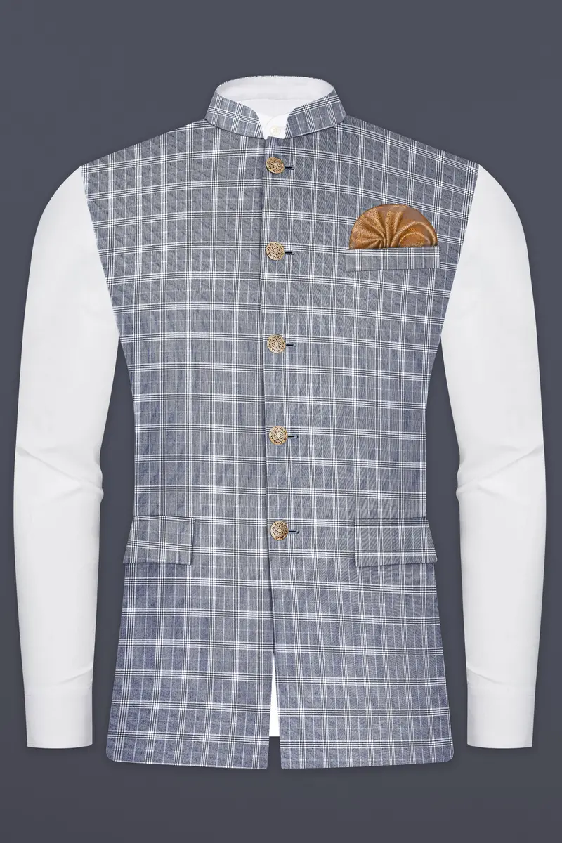 Mountain Mist Blue Plaid Wool Rich Nehru Jacket 2
