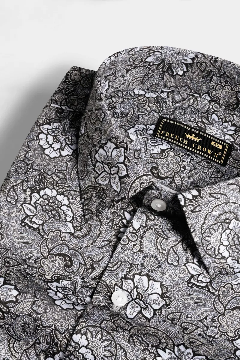 Mountain Mist Gray And Tuatara Brown Floral Printed Subtle Sheen Super Soft Premium Cotton Shirt 1