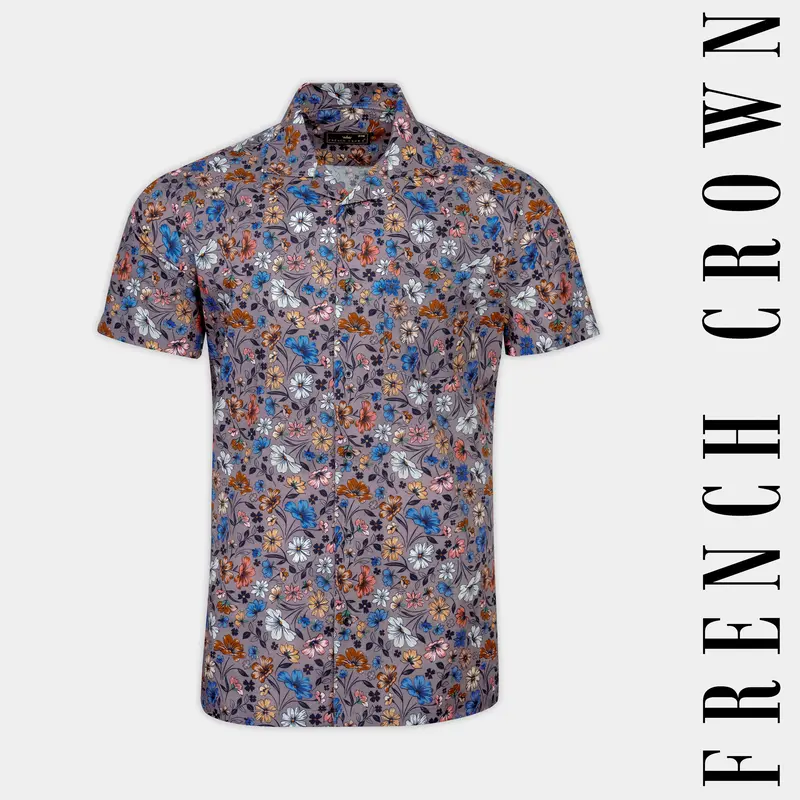 Mountbatten Gray With Multicolor Flower Printed Poplin Giza Cotton Shirt 1
