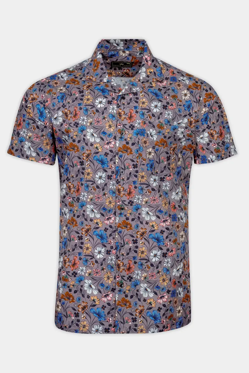 Mountbatten Gray With Multicolor Flower Printed Poplin Giza Cotton Shirt 2