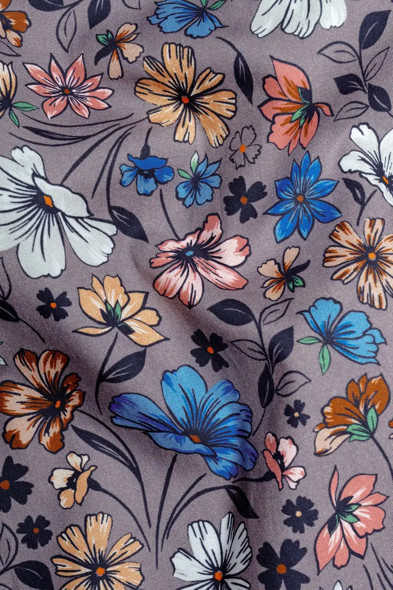 Mountbatten Gray With Multicolor Flower Printed Poplin Giza Cotton Shirt 3