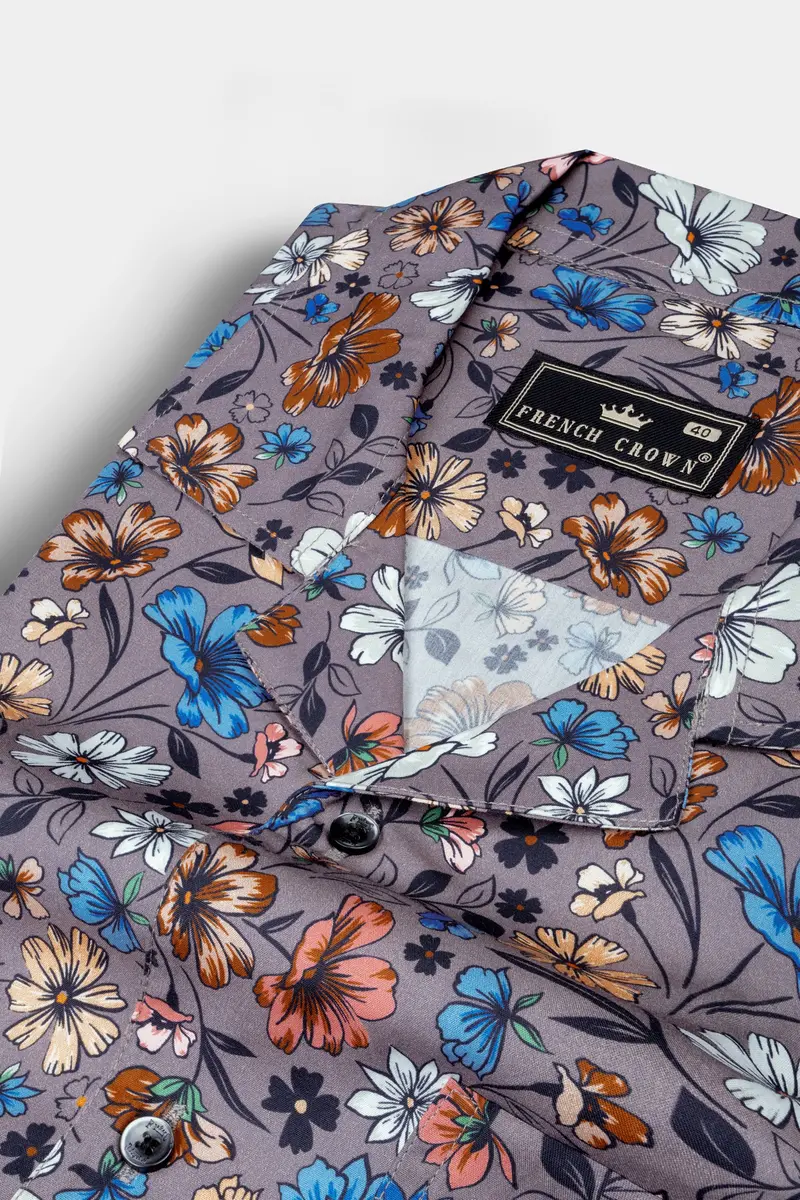 Mountbatten Gray With Multicolor Flower Printed Poplin Giza Cotton Shirt 4