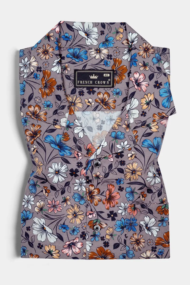 Mountbatten Gray With Multicolor Flower Printed Poplin Giza Cotton Shirt 5
