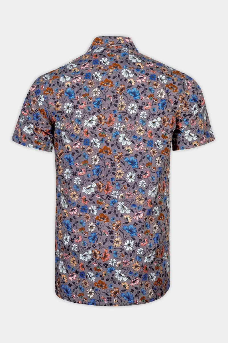 Mountbatten Gray With Multicolor Flower Printed Poplin Giza Cotton Shirt 6