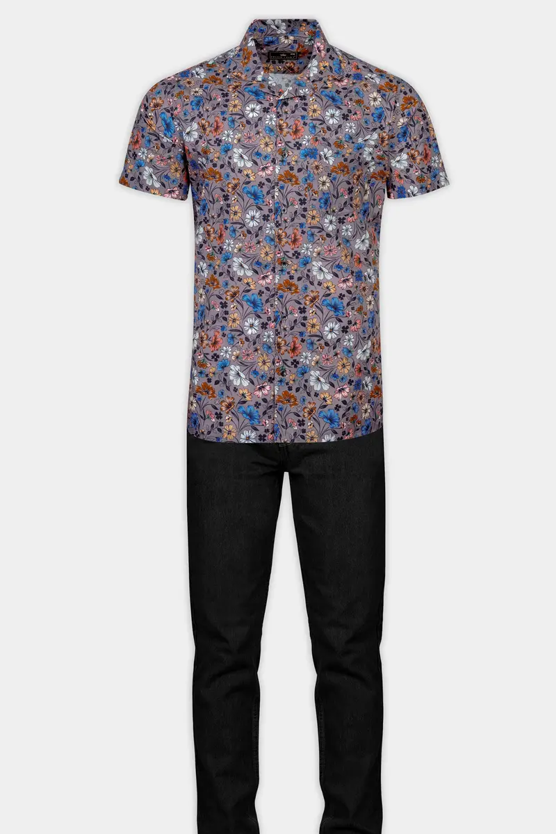 Mountbatten Gray With Multicolor Flower Printed Poplin Giza Cotton Shirt 7