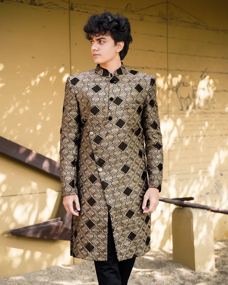Muesli Brown With Black Velvet Tikki Work With Cotton Embroidered Thread Work Cross Placket Bandhgala Sherwani With Kurta And Pyjama 1