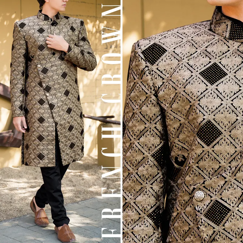 Muesli Brown With Black Velvet Tikki Work With Embroidered Work Sherwani With Kurta, Pajama Set 1