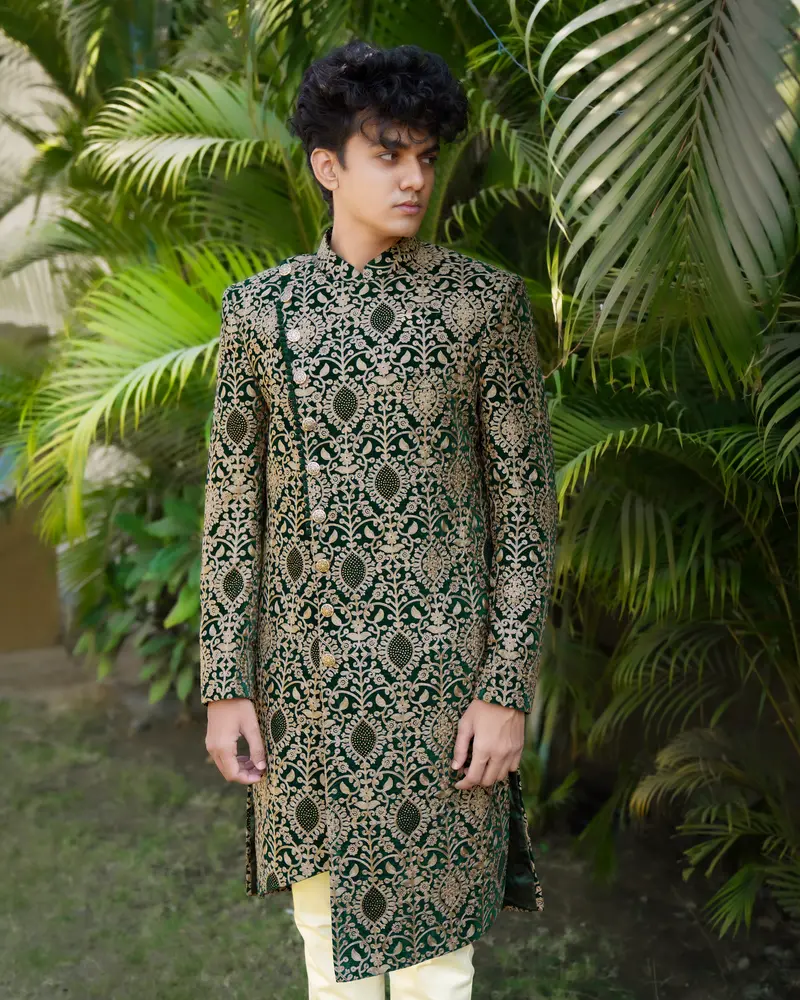 Muesli Brown With Burnham Green Velvet Tikki Work With Cotton Embroidered Thread Work Asymmetrical Patterned Cross Placket Badhgala Sherwani 1